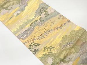 ヱ霞に大名行列・家屋風景模様織出し袋帯